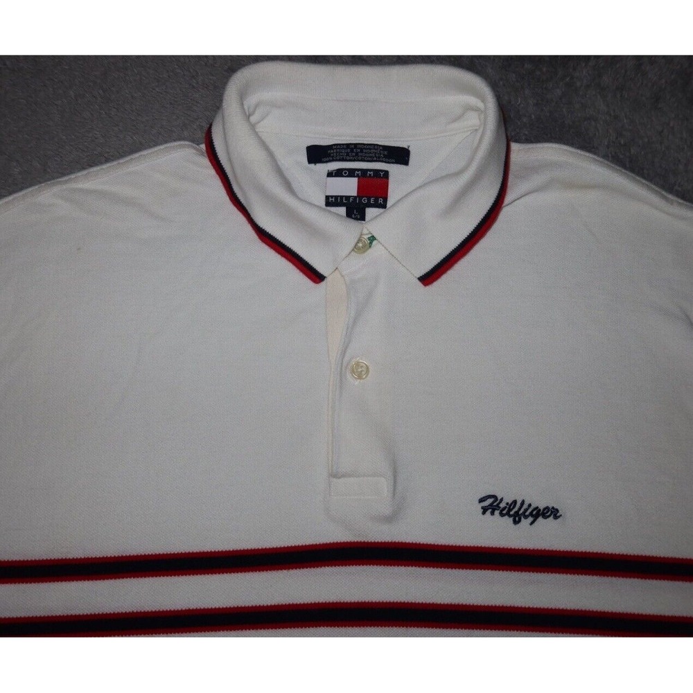 VTG Y2K Tommy Hilifiger Men's SZ L White Short Sleeve Polo Shirt Striped